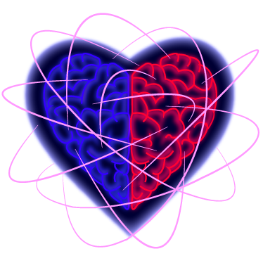 idea di integrazione emisferica: rosso e blu (i colori dei poli positivo e negativo)); integrazione tra cuore e cervello (un cuore che contiene il cervello); fili di connessione tra le due parti.